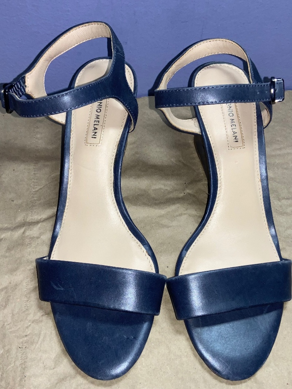 Antonio Melani navy leather wedge heeled sandals Sz 7.5 adjustable strap open